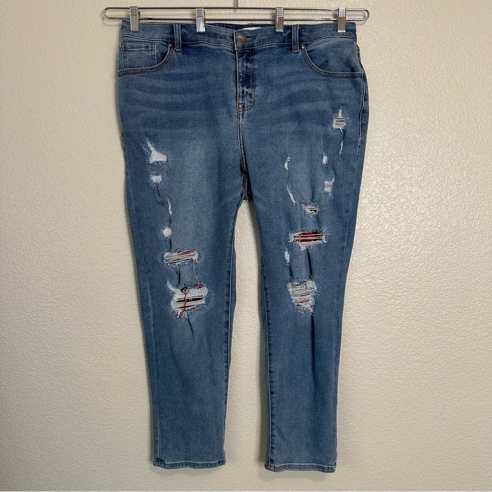Lane Bryant Distressed Red Plaid Patch Mid-Rise Boyfriend Jeans, Size 16P